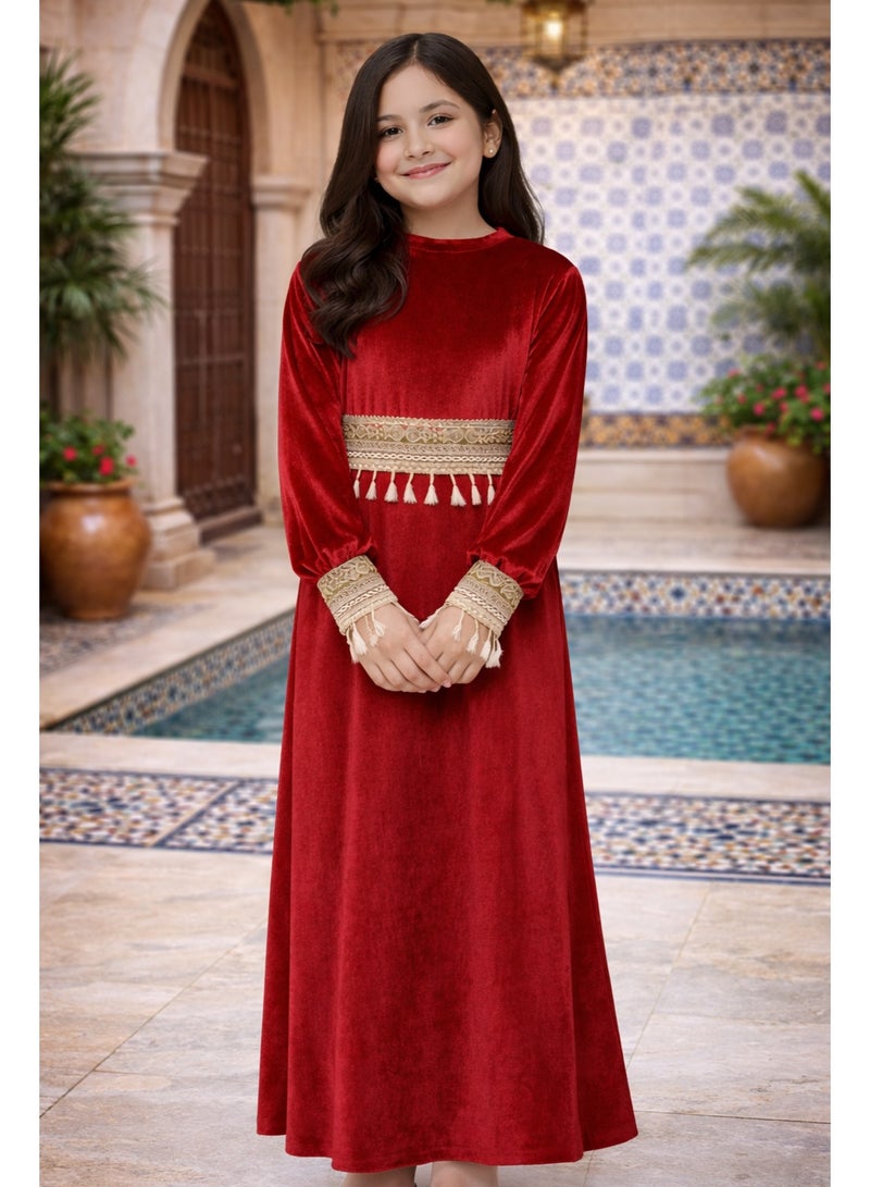 Girls Velvet Ramadan Dress with Separate Tassel Trim, Long Sleeve Islamic Abaya, Traditional Modest Maxi Dress for Kids - Image 3